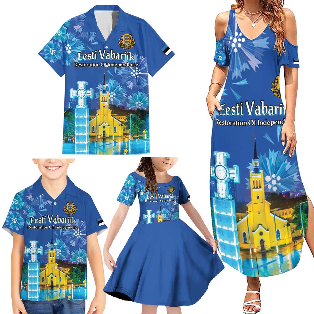 Personalized Estonian Restoration of Independence Family Matching Summer Maxi Dress and Hawaiian Shirt Freedom Square Tallinn Capital