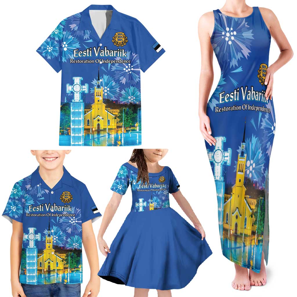 Personalized Estonian Restoration of Independence Family Matching Tank Maxi Dress and Hawaiian Shirt Freedom Square Tallinn Capital