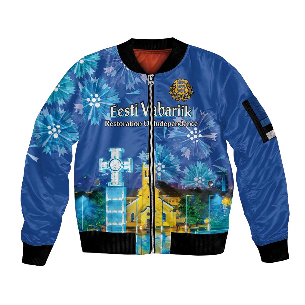 Personalized Estonian Restoration of Independence Sleeve Zip Bomber Jacket Freedom Square Tallinn Capital