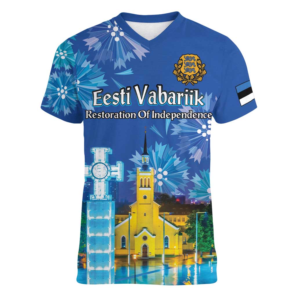 Personalized Estonian Restoration of Independence Women V-Neck T-Shirt Freedom Square Tallinn Capital
