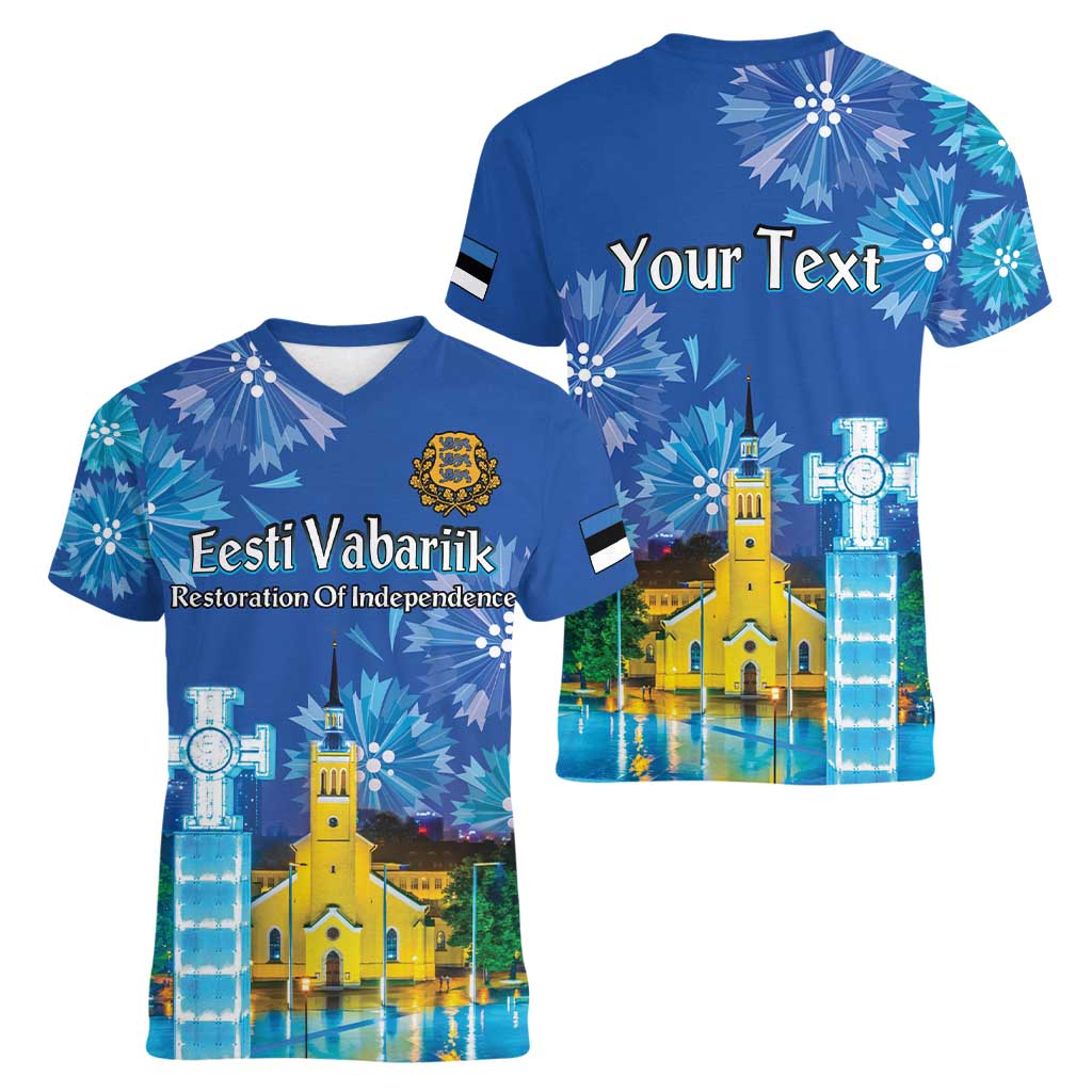 Personalized Estonian Restoration of Independence Women V-Neck T-Shirt Freedom Square Tallinn Capital