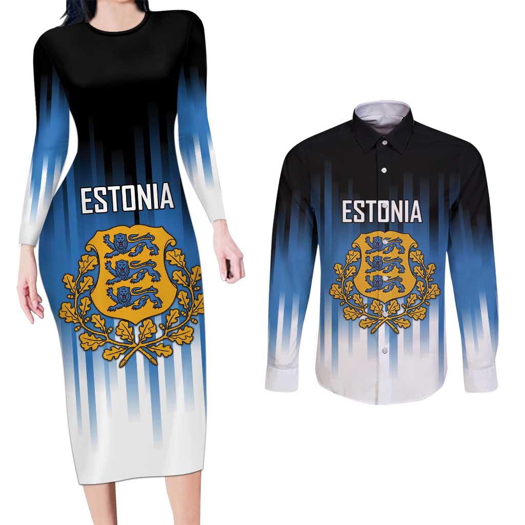 Custom Estonia Football Couples Matching Long Sleeve Bodycon Dress and Long Sleeve Button Shirt Come On Kalevipojad