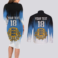 Custom Estonia Football Couples Matching Long Sleeve Bodycon Dress and Long Sleeve Button Shirt Come On Kalevipojad
