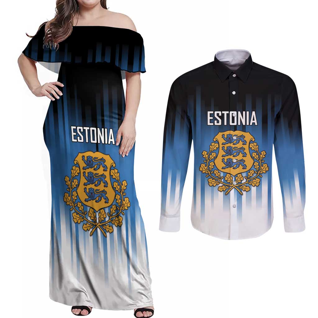 Custom Estonia Football Couples Matching Off Shoulder Maxi Dress and Long Sleeve Button Shirt Come On Kalevipojad