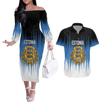 Custom Estonia Football Couples Matching Off The Shoulder Long Sleeve Dress and Hawaiian Shirt Come On Kalevipojad