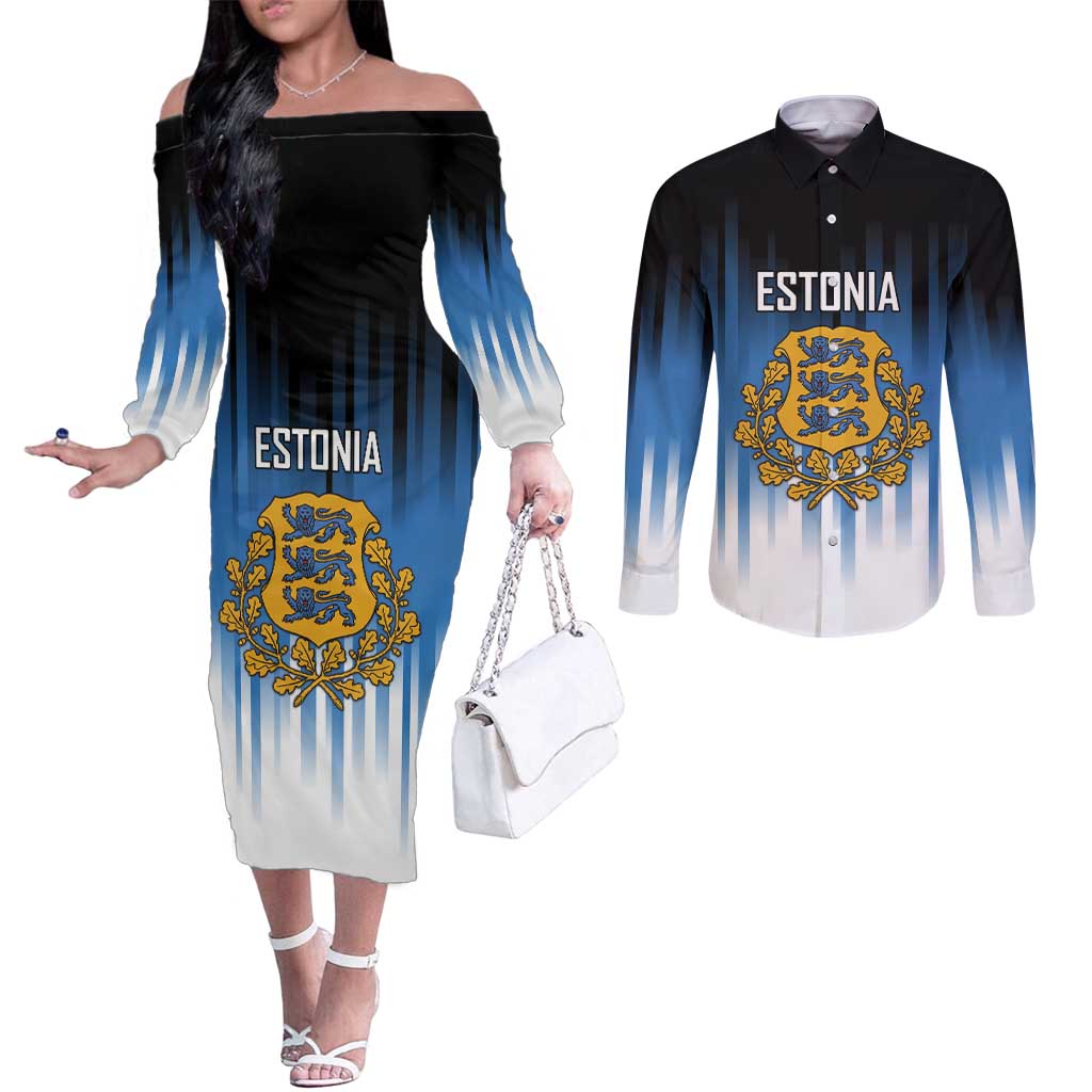 Custom Estonia Football Couples Matching Off The Shoulder Long Sleeve Dress and Long Sleeve Button Shirt Come On Kalevipojad