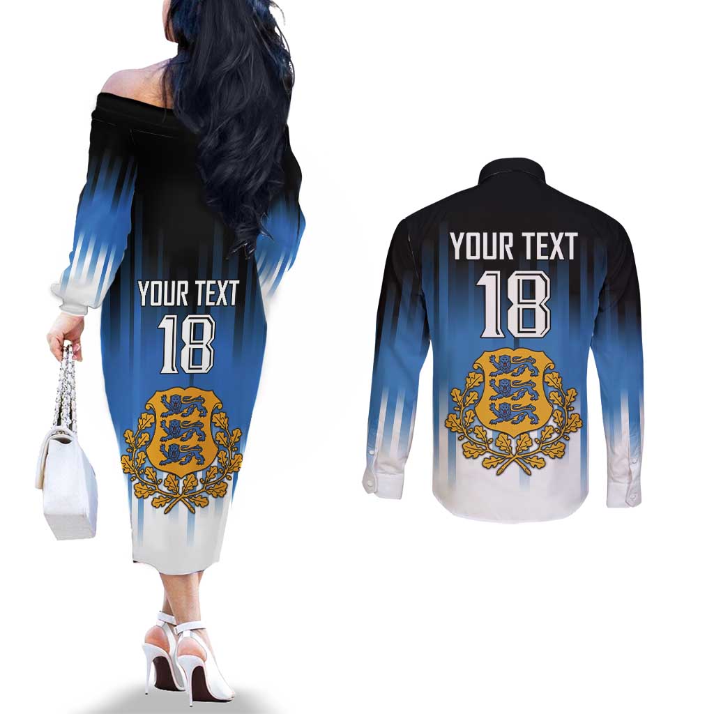 Custom Estonia Football Couples Matching Off The Shoulder Long Sleeve Dress and Long Sleeve Button Shirt Come On Kalevipojad