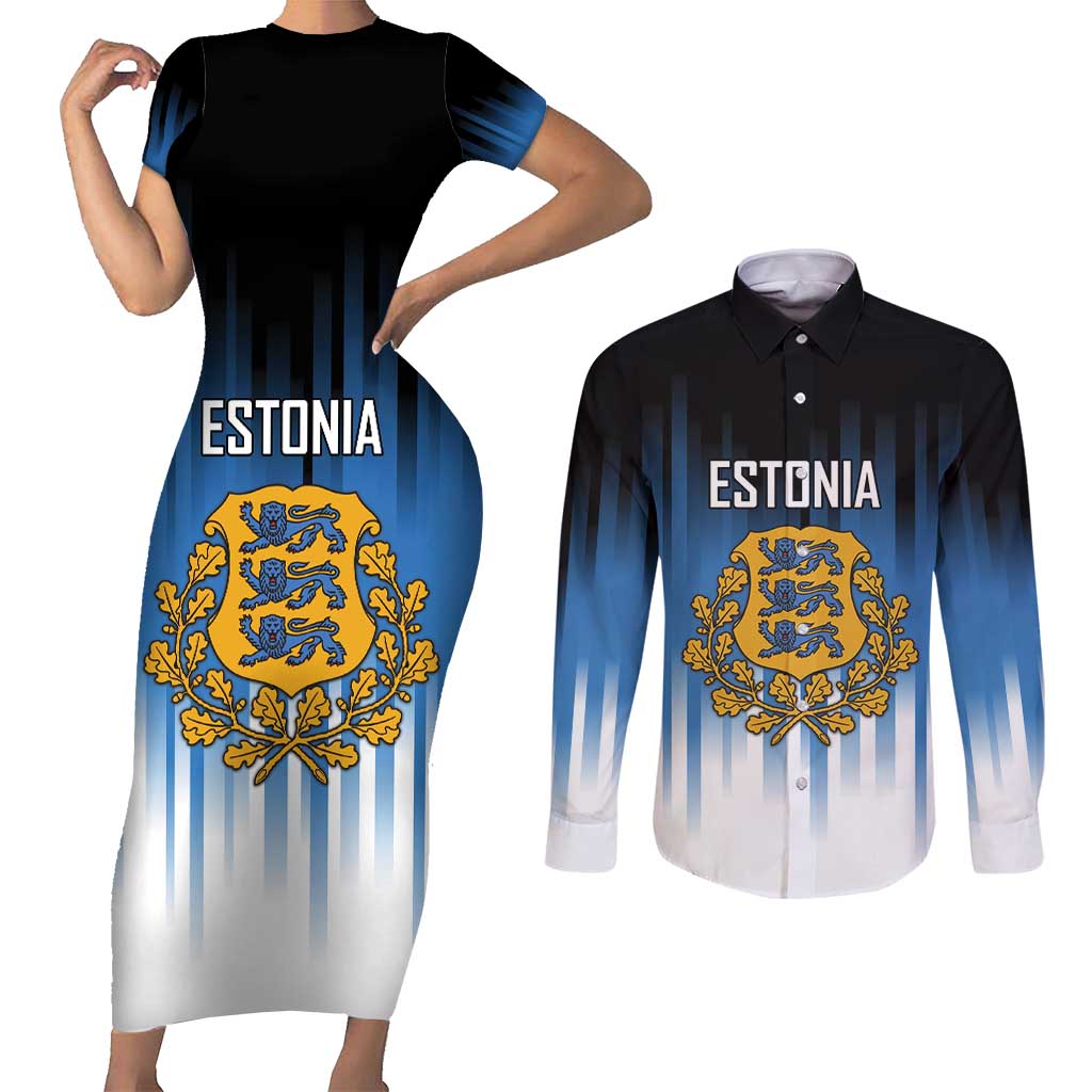 Custom Estonia Football Couples Matching Short Sleeve Bodycon Dress and Long Sleeve Button Shirt Come On Kalevipojad