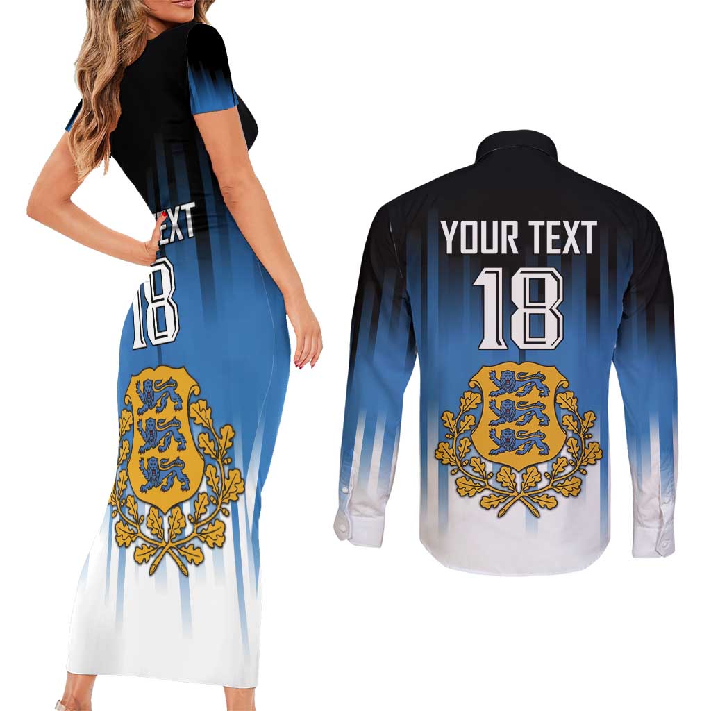 Custom Estonia Football Couples Matching Short Sleeve Bodycon Dress and Long Sleeve Button Shirt Come On Kalevipojad