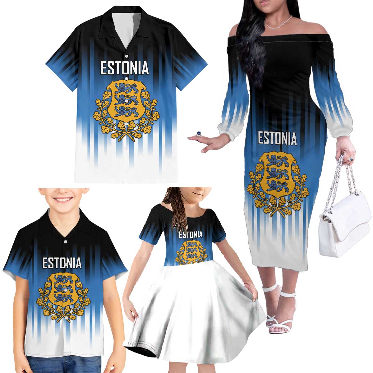 Custom Estonia Football Family Matching Off The Shoulder Long Sleeve Dress and Hawaiian Shirt Come On Kalevipojad