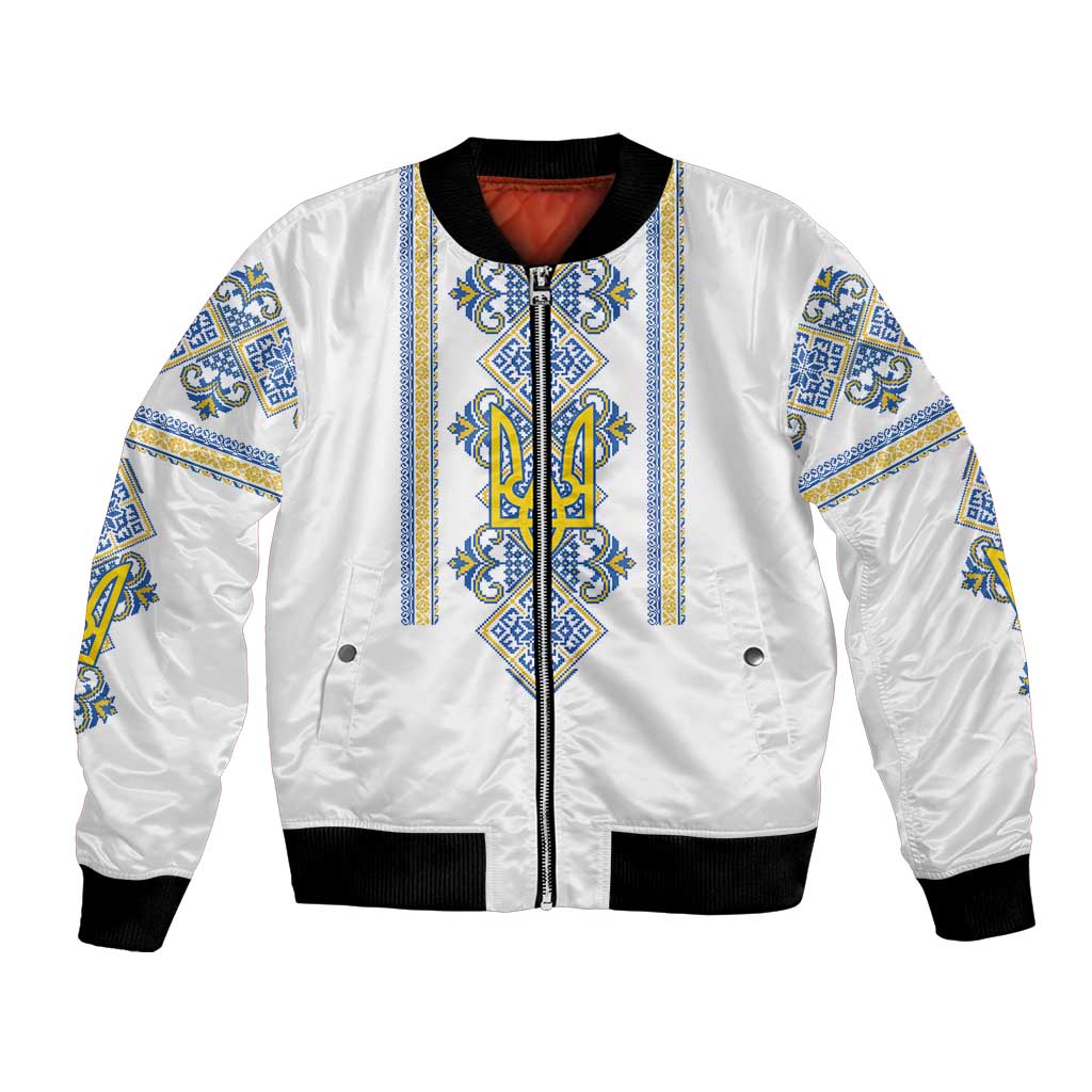 Vyshyvanka Day Bomber Jacket Ukrainian Folk Traditions Pattern White Version