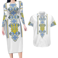 Vyshyvanka Day Couples Matching Long Sleeve Bodycon Dress and Hawaiian Shirt Ukrainian Folk Traditions Pattern White Version