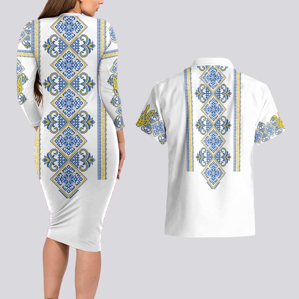 Vyshyvanka Day Couples Matching Long Sleeve Bodycon Dress and Hawaiian Shirt Ukrainian Folk Traditions Pattern White Version