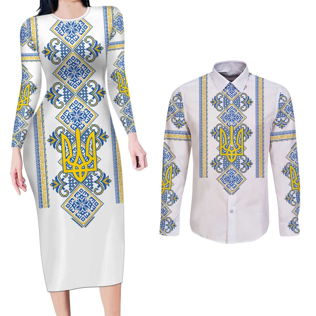 Vyshyvanka Day Couples Matching Long Sleeve Bodycon Dress and Long Sleeve Button Shirt Ukrainian Folk Traditions Pattern White Version
