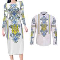 Vyshyvanka Day Couples Matching Long Sleeve Bodycon Dress and Long Sleeve Button Shirt Ukrainian Folk Traditions Pattern White Version