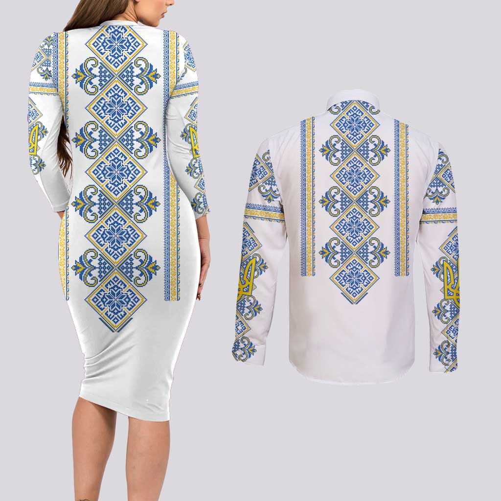 Vyshyvanka Day Couples Matching Long Sleeve Bodycon Dress and Long Sleeve Button Shirt Ukrainian Folk Traditions Pattern White Version