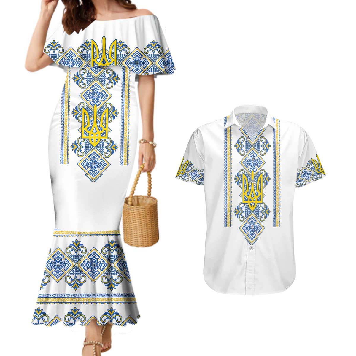 Vyshyvanka Day Couples Matching Mermaid Dress and Hawaiian Shirt Ukrainian Folk Traditions Pattern White Version