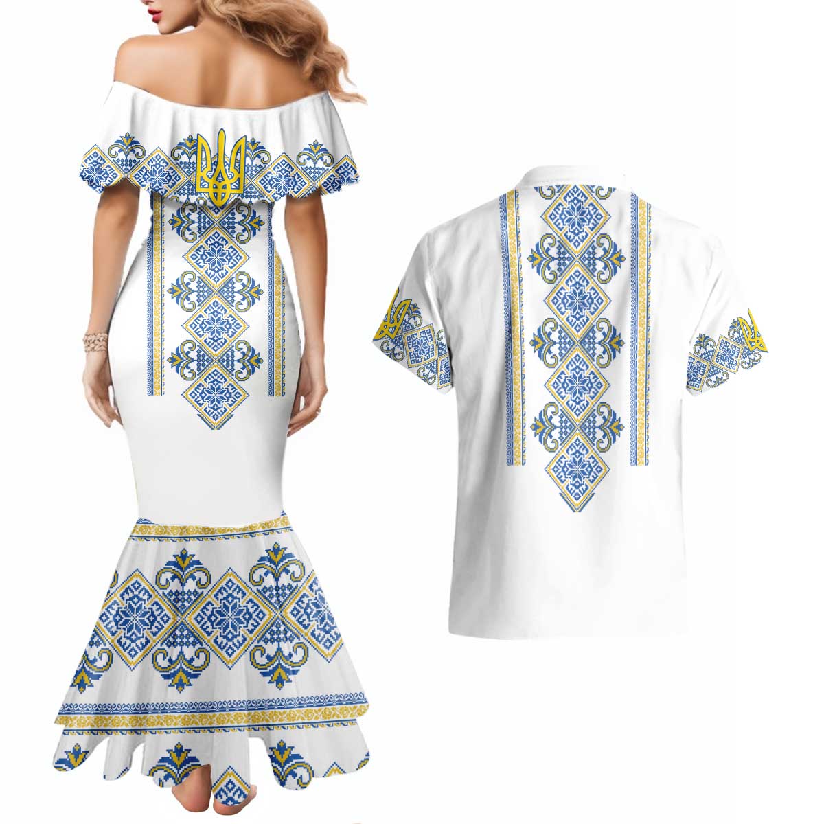 Vyshyvanka Day Couples Matching Mermaid Dress and Hawaiian Shirt Ukrainian Folk Traditions Pattern White Version