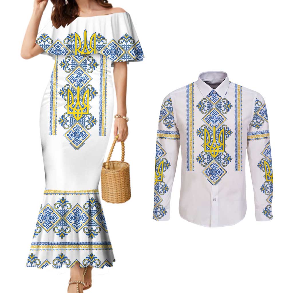 Vyshyvanka Day Couples Matching Mermaid Dress and Long Sleeve Button Shirt Ukrainian Folk Traditions Pattern White Version