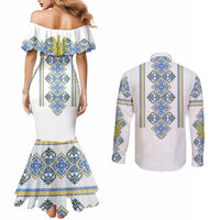 Vyshyvanka Day Couples Matching Mermaid Dress and Long Sleeve Button Shirt Ukrainian Folk Traditions Pattern White Version