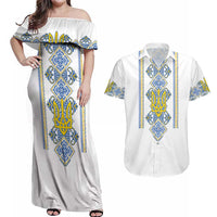 Vyshyvanka Day Couples Matching Off Shoulder Maxi Dress and Hawaiian Shirt Ukrainian Folk Traditions Pattern White Version
