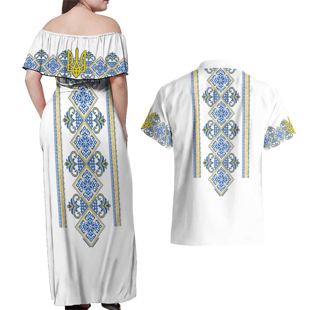 Vyshyvanka Day Couples Matching Off Shoulder Maxi Dress and Hawaiian Shirt Ukrainian Folk Traditions Pattern White Version