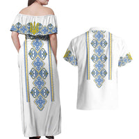 Vyshyvanka Day Couples Matching Off Shoulder Maxi Dress and Hawaiian Shirt Ukrainian Folk Traditions Pattern White Version
