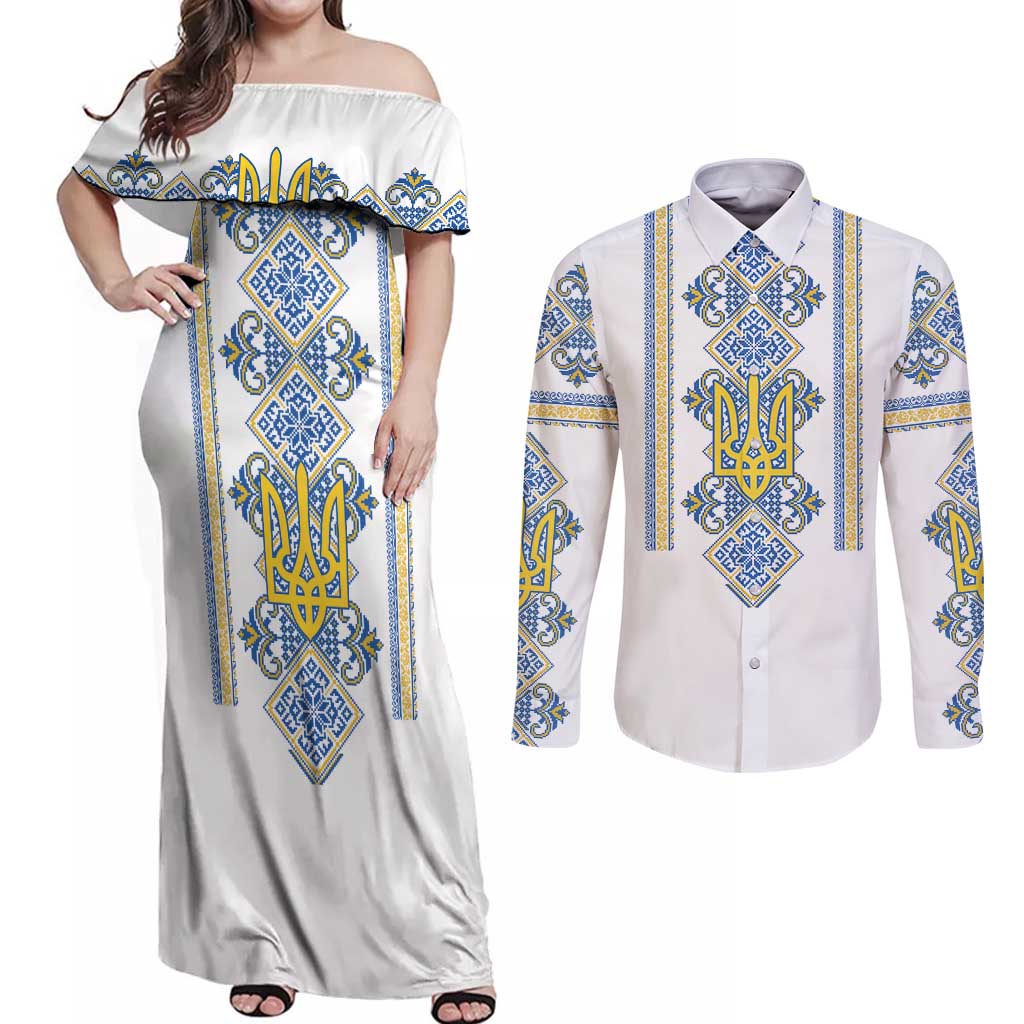 Vyshyvanka Day Couples Matching Off Shoulder Maxi Dress and Long Sleeve Button Shirt Ukrainian Folk Traditions Pattern White Version
