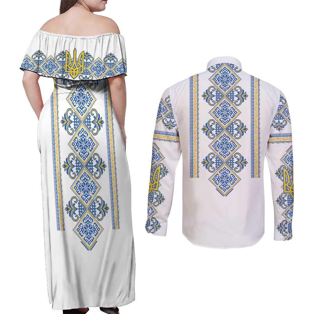 Vyshyvanka Day Couples Matching Off Shoulder Maxi Dress and Long Sleeve Button Shirt Ukrainian Folk Traditions Pattern White Version