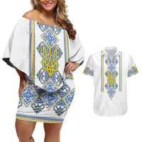 Vyshyvanka Day Couples Matching Off Shoulder Short Dress and Hawaiian Shirt Ukrainian Folk Traditions Pattern White Version