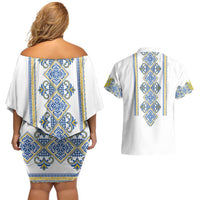 Vyshyvanka Day Couples Matching Off Shoulder Short Dress and Hawaiian Shirt Ukrainian Folk Traditions Pattern White Version