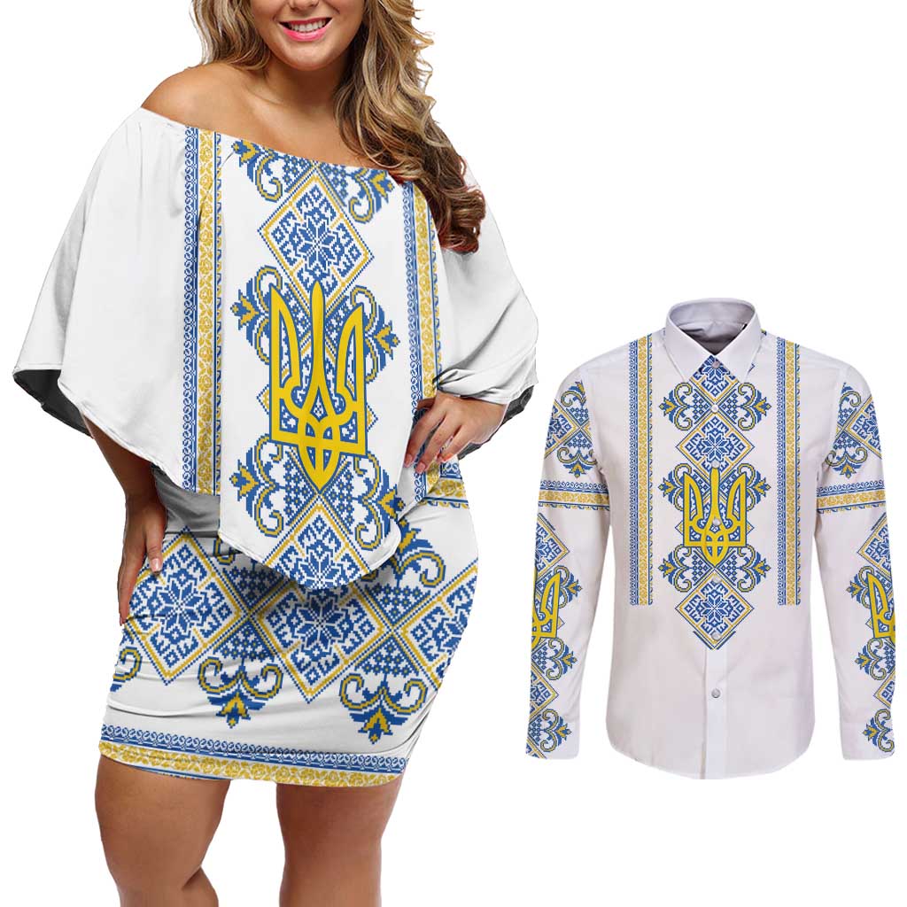 Vyshyvanka Day Couples Matching Off Shoulder Short Dress and Long Sleeve Button Shirt Ukrainian Folk Traditions Pattern White Version