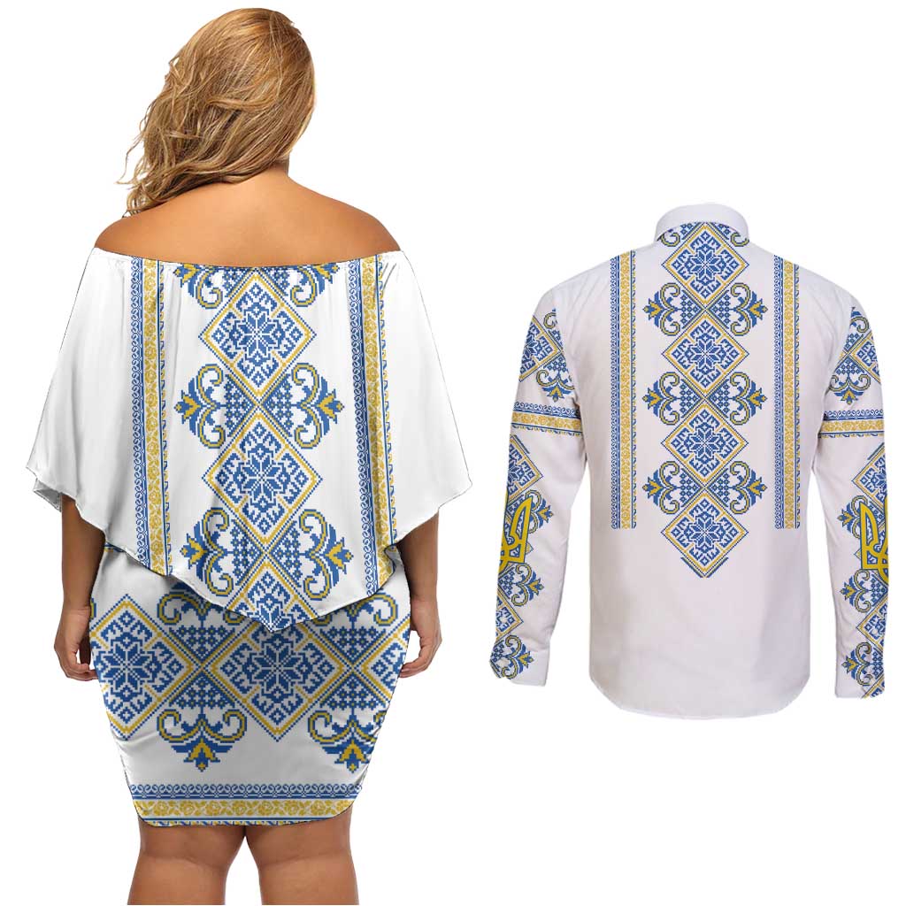 Vyshyvanka Day Couples Matching Off Shoulder Short Dress and Long Sleeve Button Shirt Ukrainian Folk Traditions Pattern White Version