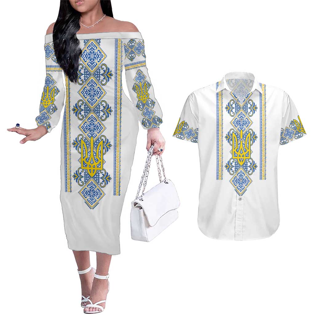 Vyshyvanka Day Couples Matching Off The Shoulder Long Sleeve Dress and Hawaiian Shirt Ukrainian Folk Traditions Pattern White Version