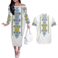 Vyshyvanka Day Couples Matching Off The Shoulder Long Sleeve Dress and Hawaiian Shirt Ukrainian Folk Traditions Pattern White Version