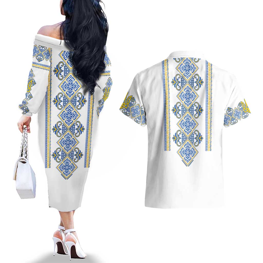 Vyshyvanka Day Couples Matching Off The Shoulder Long Sleeve Dress and Hawaiian Shirt Ukrainian Folk Traditions Pattern White Version