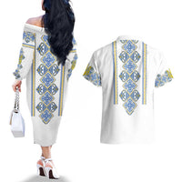 Vyshyvanka Day Couples Matching Off The Shoulder Long Sleeve Dress and Hawaiian Shirt Ukrainian Folk Traditions Pattern White Version