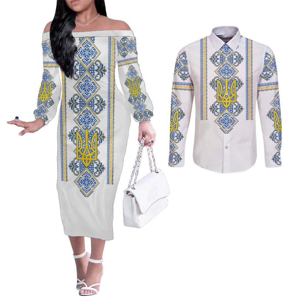 Vyshyvanka Day Couples Matching Off The Shoulder Long Sleeve Dress and Long Sleeve Button Shirt Ukrainian Folk Traditions Pattern White Version