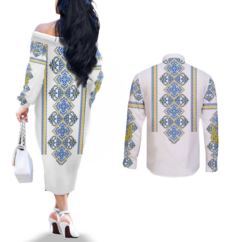 Vyshyvanka Day Couples Matching Off The Shoulder Long Sleeve Dress and Long Sleeve Button Shirt Ukrainian Folk Traditions Pattern White Version