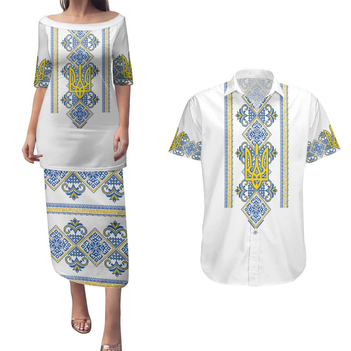 Vyshyvanka Day Couples Matching Puletasi and Hawaiian Shirt Ukrainian Folk Traditions Pattern White Version