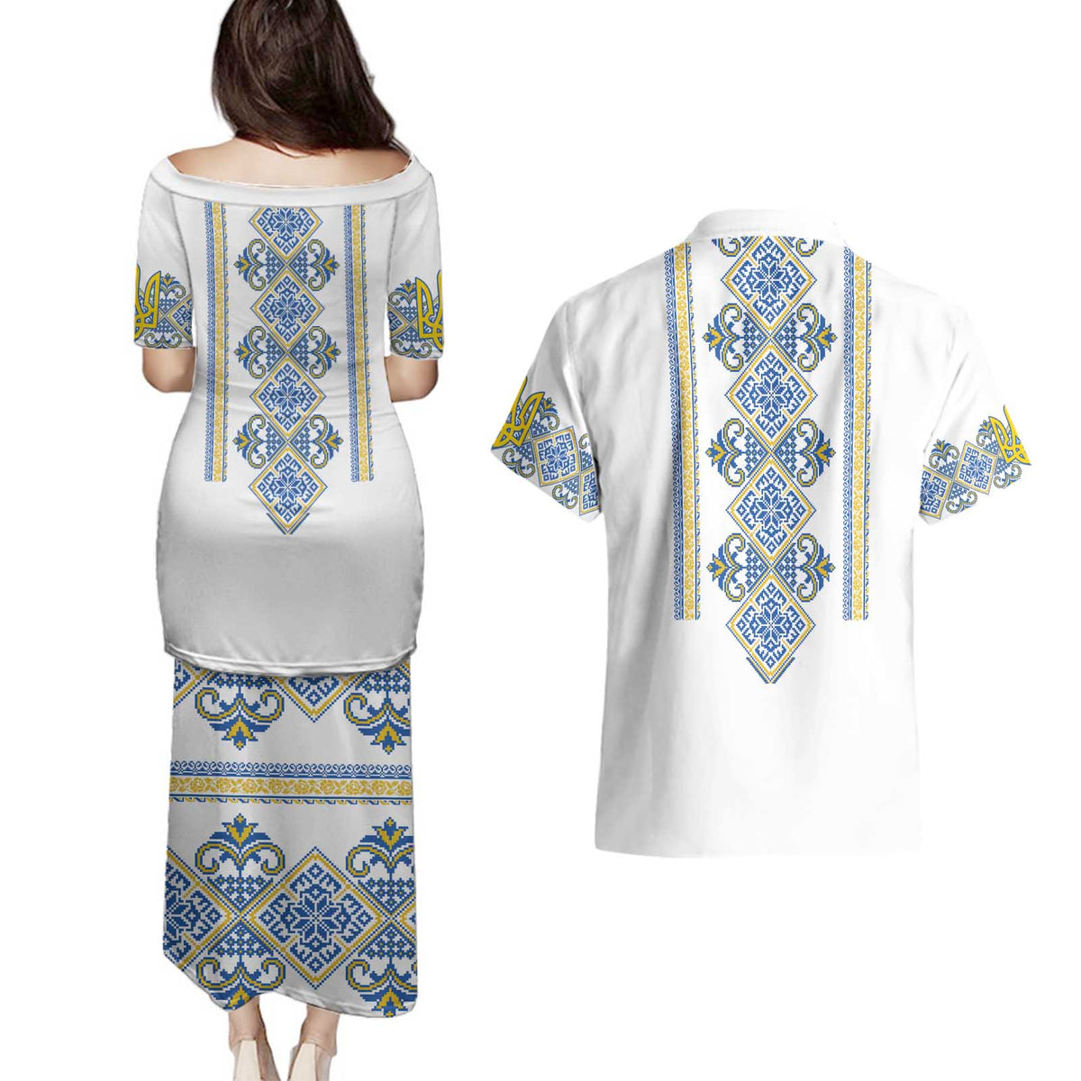 Vyshyvanka Day Couples Matching Puletasi and Hawaiian Shirt Ukrainian Folk Traditions Pattern White Version