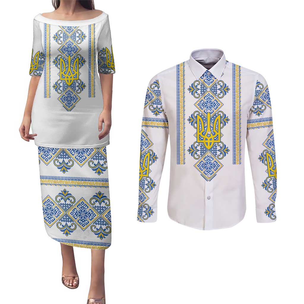Vyshyvanka Day Couples Matching Puletasi and Long Sleeve Button Shirt Ukrainian Folk Traditions Pattern White Version