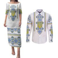 Vyshyvanka Day Couples Matching Puletasi and Long Sleeve Button Shirt Ukrainian Folk Traditions Pattern White Version