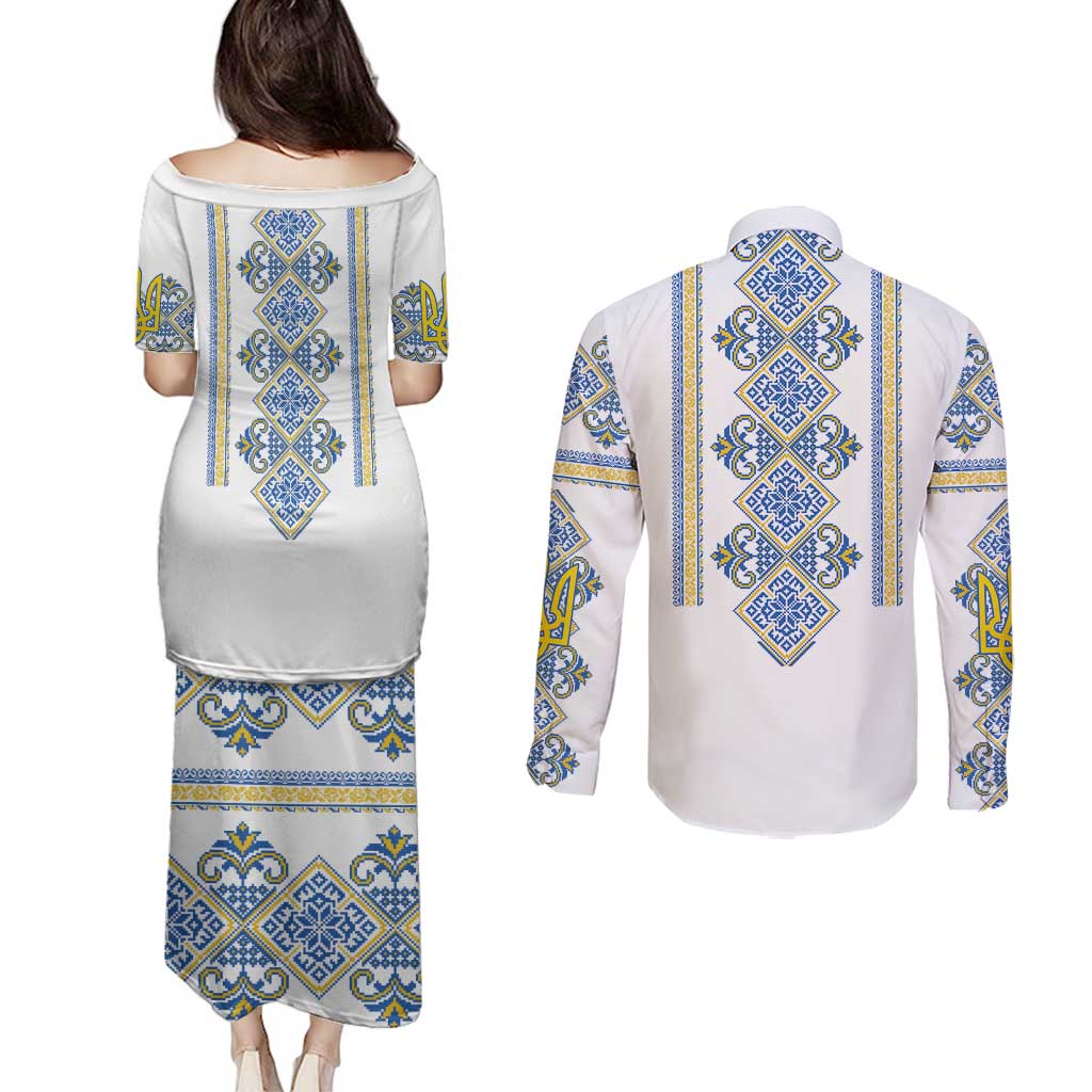 Vyshyvanka Day Couples Matching Puletasi and Long Sleeve Button Shirt Ukrainian Folk Traditions Pattern White Version