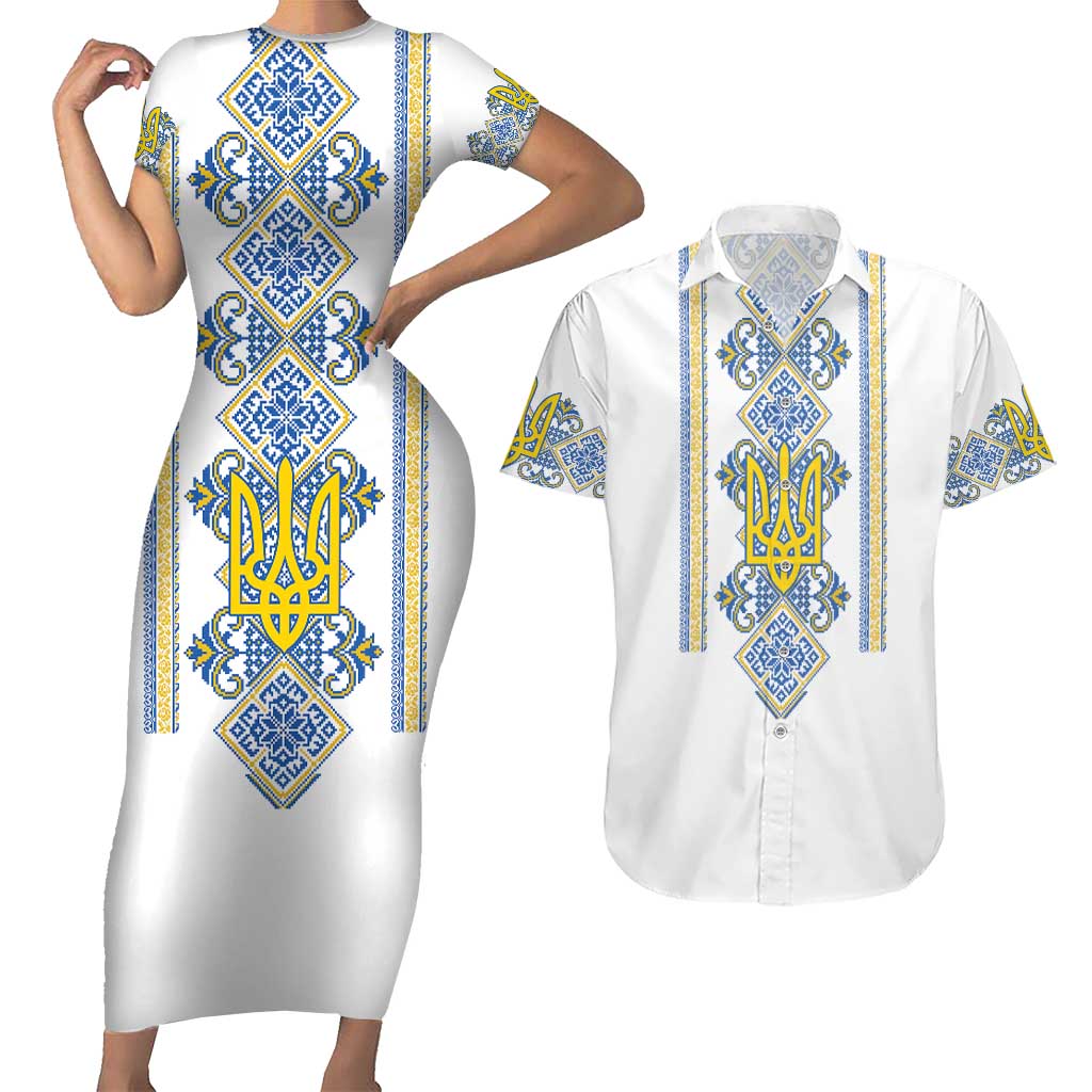 Vyshyvanka Day Couples Matching Short Sleeve Bodycon Dress and Hawaiian Shirt Ukrainian Folk Traditions Pattern White Version