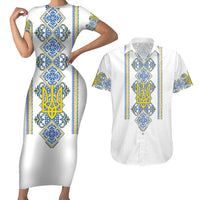 Vyshyvanka Day Couples Matching Short Sleeve Bodycon Dress and Hawaiian Shirt Ukrainian Folk Traditions Pattern White Version