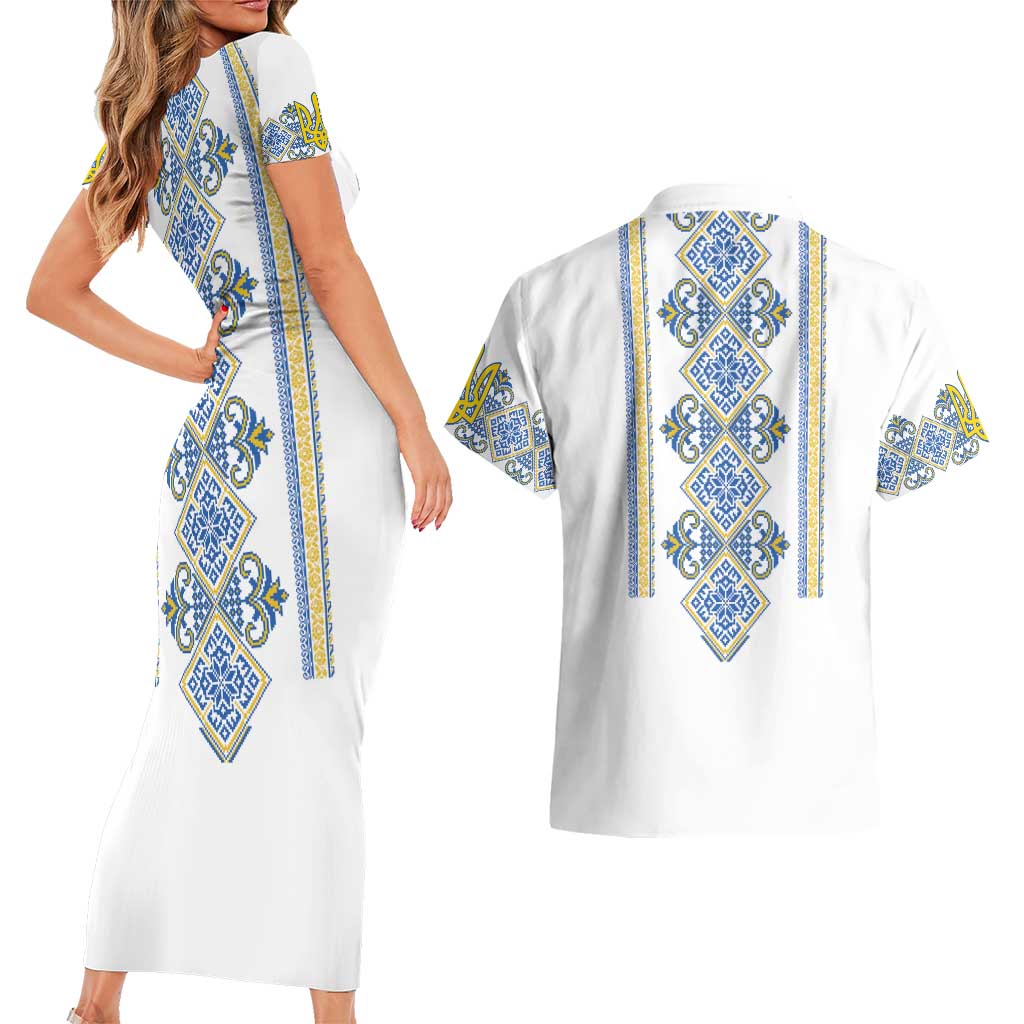 Vyshyvanka Day Couples Matching Short Sleeve Bodycon Dress and Hawaiian Shirt Ukrainian Folk Traditions Pattern White Version