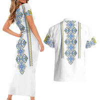 Vyshyvanka Day Couples Matching Short Sleeve Bodycon Dress and Hawaiian Shirt Ukrainian Folk Traditions Pattern White Version