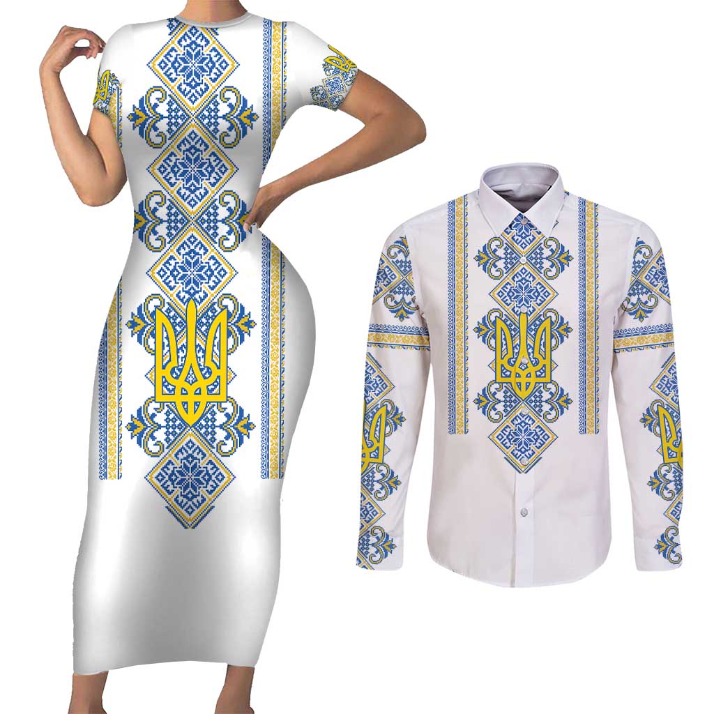 Vyshyvanka Day Couples Matching Short Sleeve Bodycon Dress and Long Sleeve Button Shirt Ukrainian Folk Traditions Pattern White Version