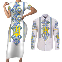 Vyshyvanka Day Couples Matching Short Sleeve Bodycon Dress and Long Sleeve Button Shirt Ukrainian Folk Traditions Pattern White Version